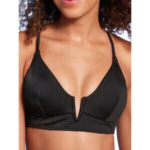 Shade & Shore Black Ribbed Longline V-Wire Swimwear Bikini Top Women's Size 38DD